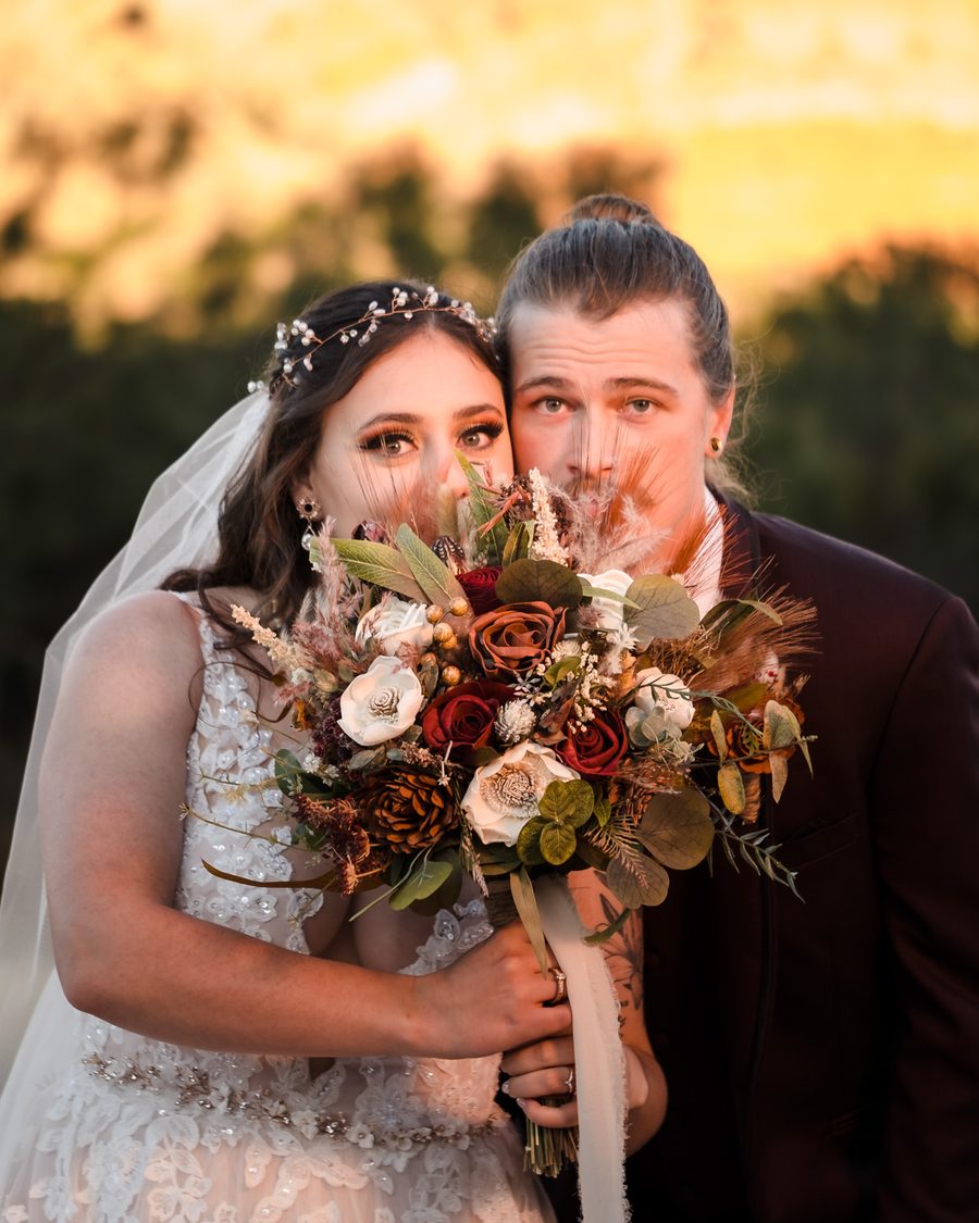 Bride and groom at sunset at Palo Duro Canyon